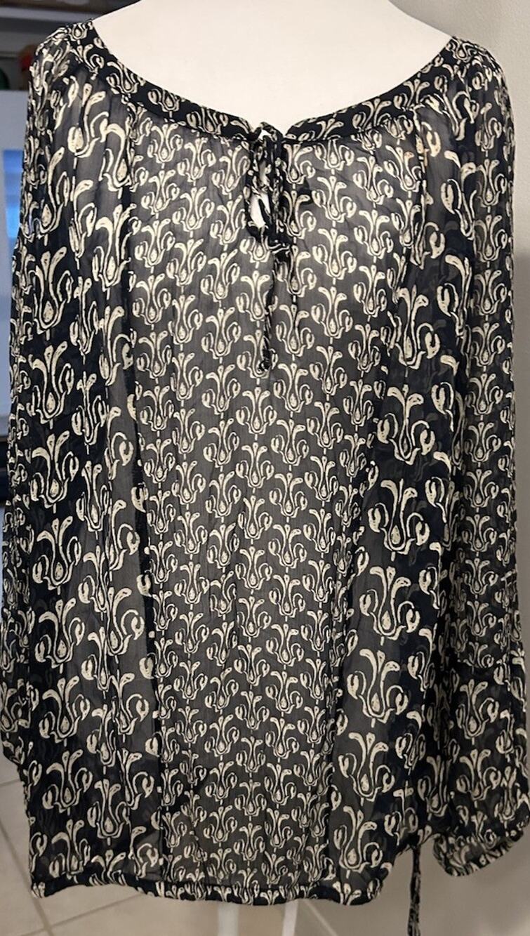 LUCKY Silk Peasant Blouse Boho Plus Size 2X Tunic Artsy Print Sheer JOHN ROBSHAW
